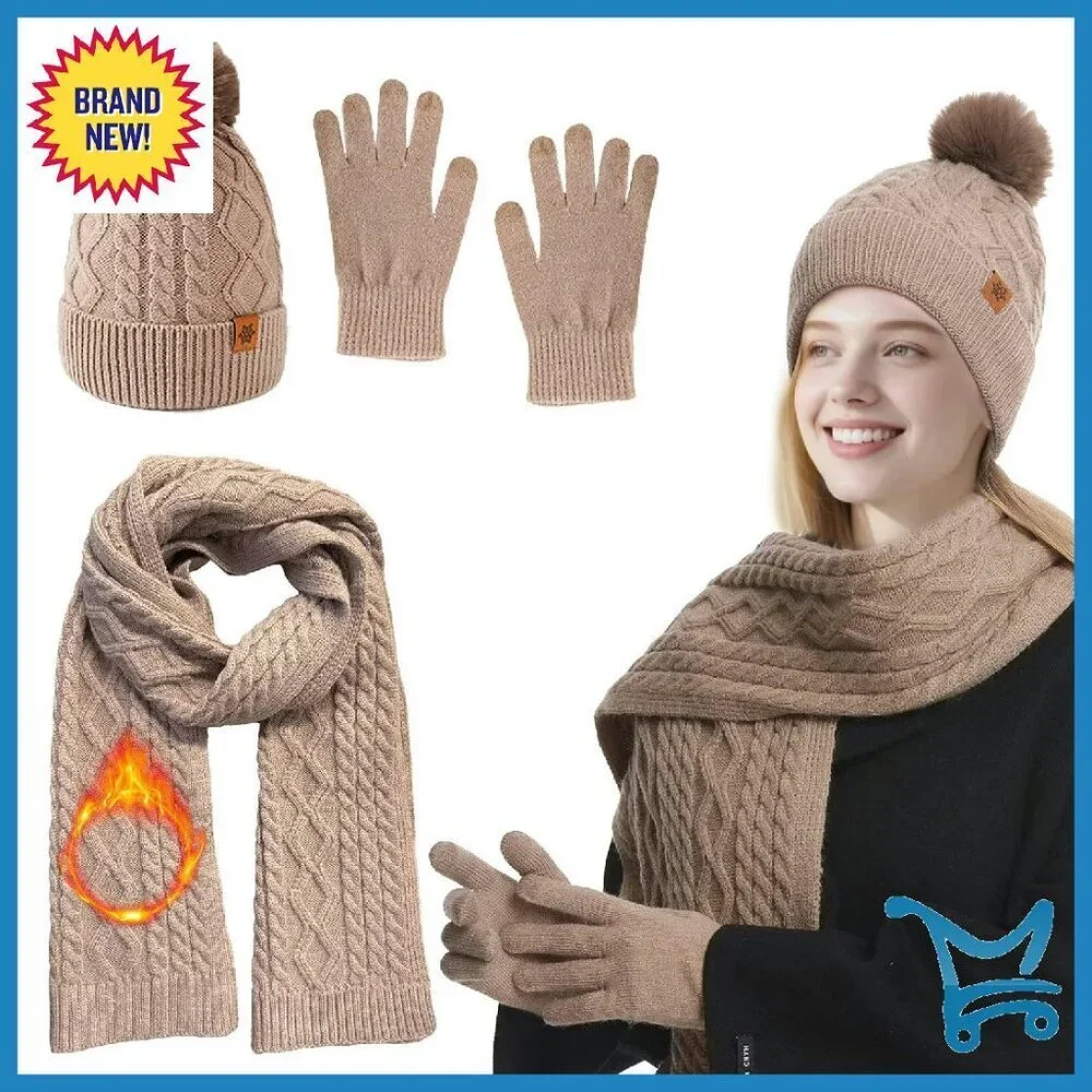 Fleece Lined Pom Pom Beanie Scarf Touchscreen Gloves Winter Set
